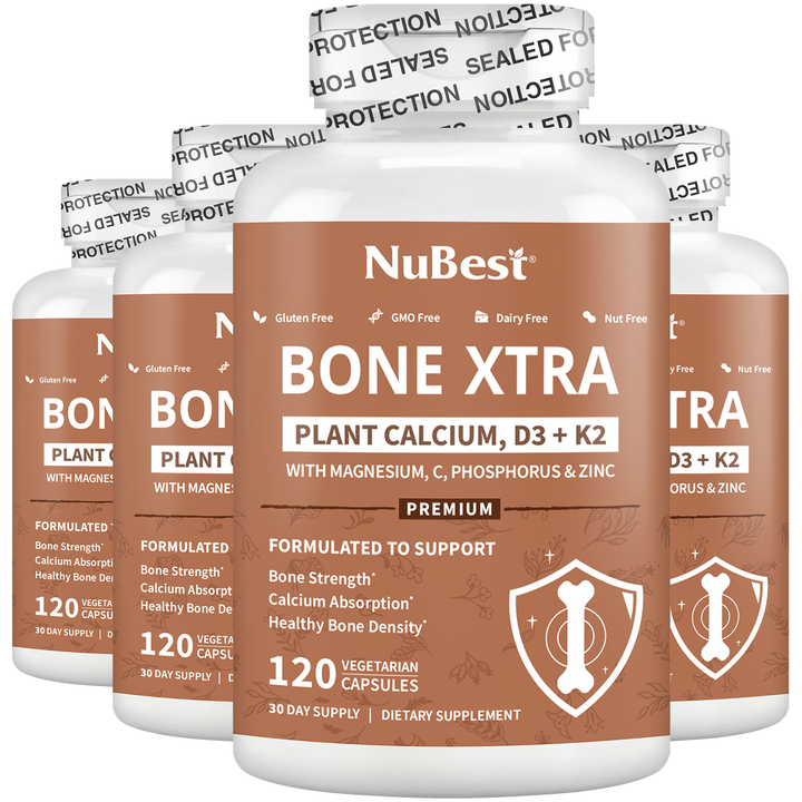 Bone Xtra - Vegan Bone Strength Formula for Stronger Bones, Plant-based Calcium from Marine Algae, Vitamins D3, Vitamin K2, Magnesium, Phosphorus & More for Teens, Adults - NuBest Nutrition®