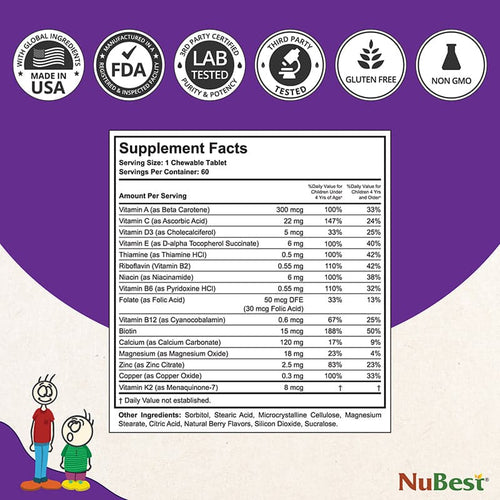 NuBest Tall Kids, Multivitamins For Ages 2-9, Berry Flavor, 60 Chewable Tablets - Pack of 3