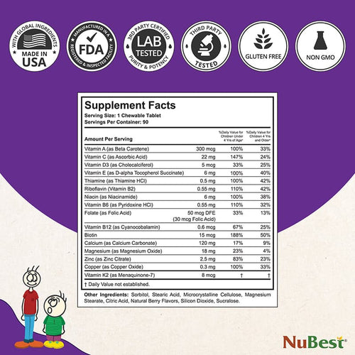 NuBest Tall Kids, Multivitamins For Kids Ages 2-9, Berry Flavor, 90 Chewable Tablets - Pack of 2